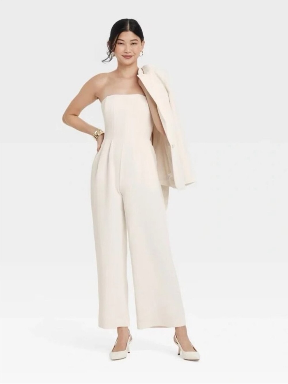 A New Dat Strapless Wide-Leg Jumpsuit with pockets Ivory White Small